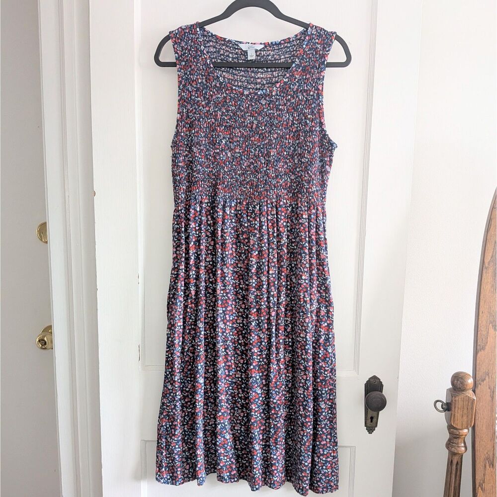 Croft & Barrow Cherry Print Smocked Midi Sleeveless Dress Sz L Novelty Americana